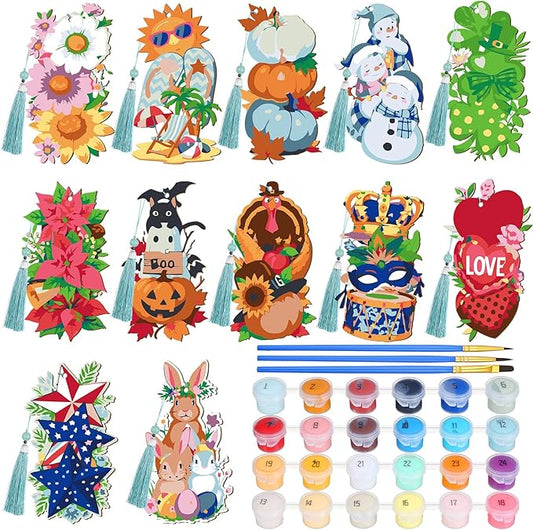 Kosiz 12 Pcs Easter Paint by Numbers Kit for Adults Holiday Wood Bookmark Painting Decor Spring Beach Mini Paint by Numbers Tassels Blank Bookmarks Craft for Summer Small DIY Book Lovers Gift 7x2