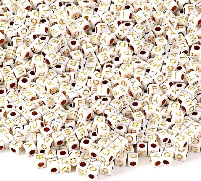 Augshy 1400pcs Square Acrylic Gold Alphabet Beads A-Z Cube Letters Beads for Bracelets Necklaces Phone Lanyard Making with 1 Roll Crystal String Cord for Jewelry Making(6 mm)