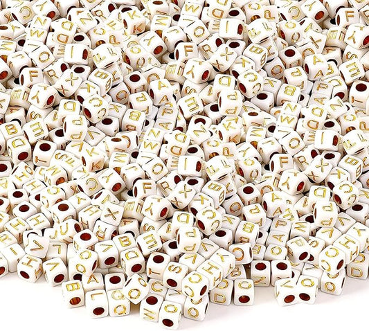 Augshy 1400pcs Square Acrylic Gold Alphabet Beads A-Z Cube Letters Beads for Bracelets Necklaces Phone Lanyard Making with 1 Roll Crystal String Cord for Jewelry Making(6 mm)