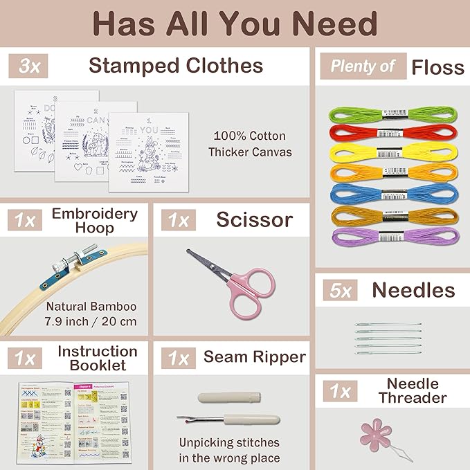 bradove embroidery kit for beginners, learn to embroider top 29 stitches and cute patterns with video tutorial and instruction booklet, beginner embroidery kit for adults kids, stitches kit