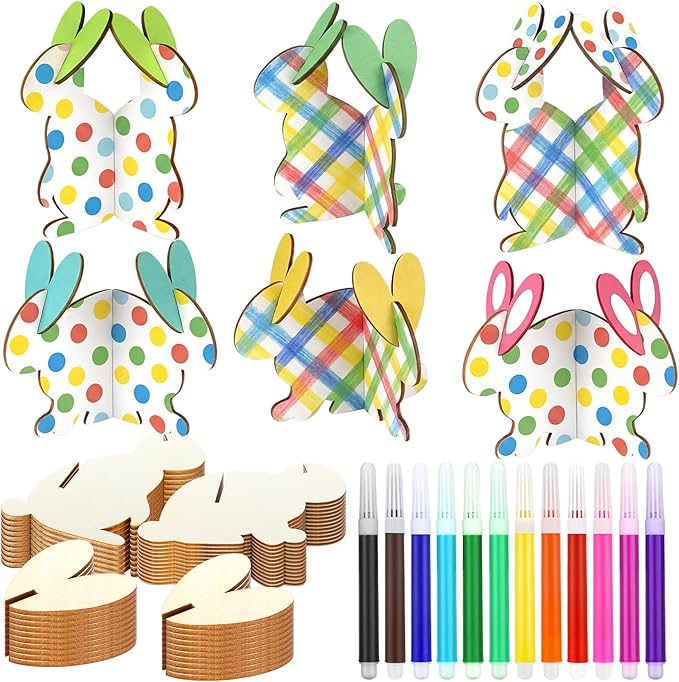 Blosssound 48 Pcs Easter Craft Set 36 Pcs 3D Wooden Bunny Cutouts Wood Unfinished Rabbit Slices to Paint with 12 Colored Markers for Easter Spring Crafts DIY Handmade Table Tiered Tray Decor