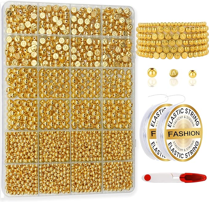 Hpebl 2240PCS Smooth Round Gold Beads for Bracelet Making Kits 4MM/6MM Jewelry Making Supplies Gold Letter Beads for Jewelry Making Kit with 2PCS Crystal String 1PCS Scissors