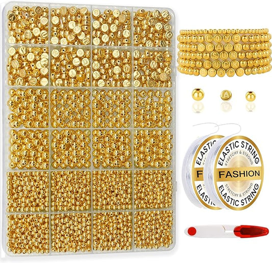 Hpebl 2240PCS Smooth Round Gold Beads for Bracelet Making Kits 4MM/6MM Jewelry Making Supplies Gold Letter Beads for Jewelry Making Kit with 2PCS Crystal String 1PCS Scissors