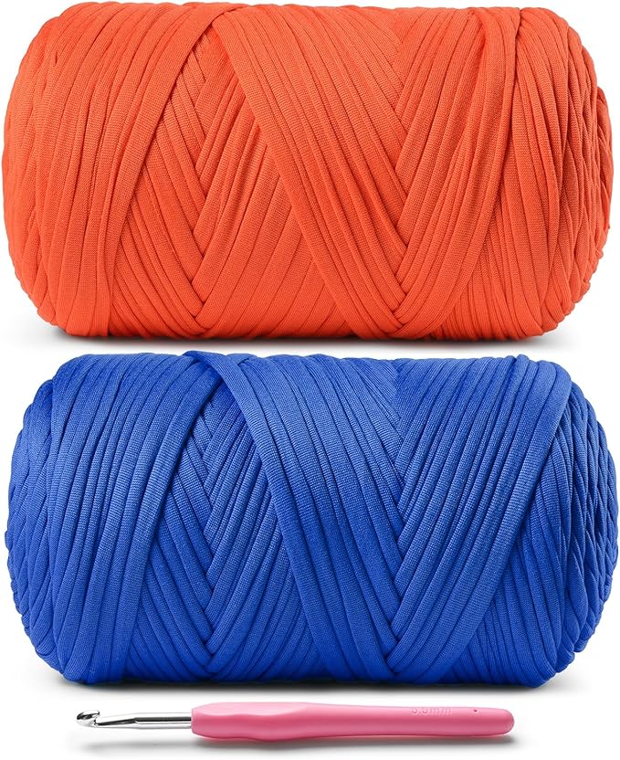 2 Pack Elastic Fabric T Shirt Yarn for Crocheting,Beginner Yarns with Polyester Spandex Blend,Total 800g/228yds Soft Tshirt Yarn for Crochet Crafts/Bags/Baskets（Sapphire Blue+Orange）
