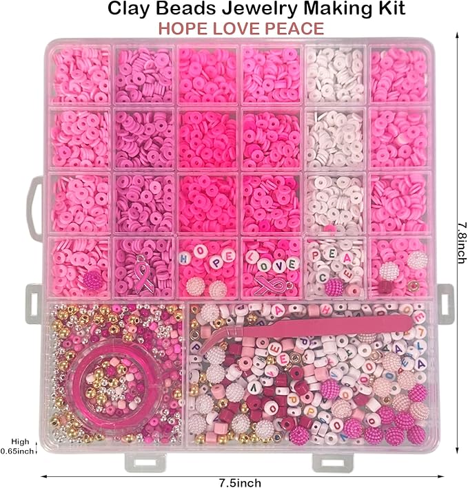 Pink Breast Cancer Awareness DIY Craft Clay Beads Kit - Pink Awareness Party Assorted Beads and Alphabet - Love Hope Peace Inspirational Bead Art DIY Craft Set, 1 Box