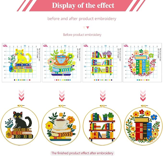 Zhenqing 4 Themes Cross Stitch Kit Set - 11CT 9.45x9.45Inch, Coffee/Books/Cats/Floral Designs, DIY Embroidery Kit with Full Tools (Hoops, Scissors, Tassels) & Guide, Cozy Home Decor Gift(69601)