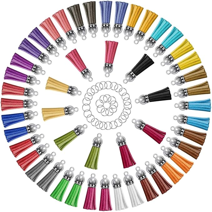 PAXCOO Tassels for Jewelry Making, 50pcs Leather Tassel Keychain Charms Bulk with 50pcs Jump Rings for Bracelets, Acrylic Key Chain Blanks and Craft Supplies