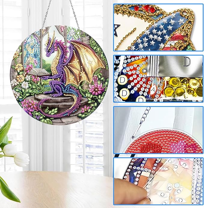 Reofrey Hanging Diamond Art Kits for Adults - 8x8 Inch Dinosaur Acrylic Board Double Sided Pattern Diamond Art Suncatcher Pendant, DIY Crystal Art for Home Wall or Window Decoration Handmade Gift