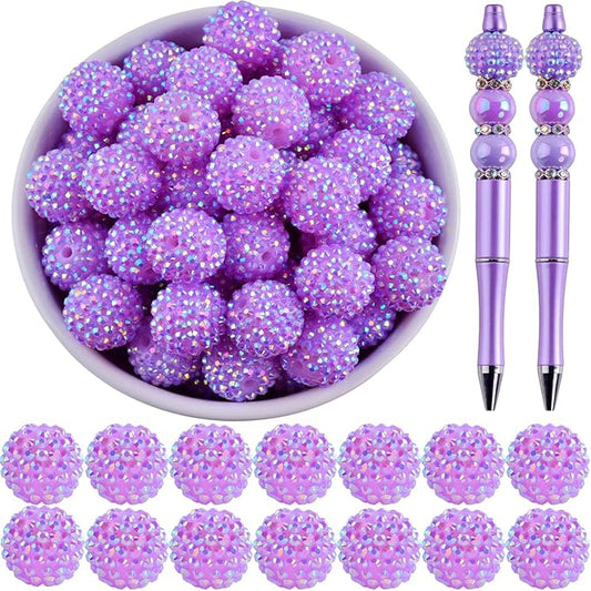 20mm Rhinestone Beads for Pens 20pcs Beaded Pens Beads Bling Glitter Suger Bugglegum Beads Large Balls Crystal Pen Beads for DIY Pens Keychain Making Suppliers Bulk, Purple AB