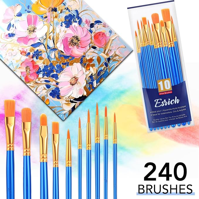 ESRICH Acrylic Paint Brush Set, 24Pack/240Pcs Paint Brushes, Nylon Brush Head for Oil Paint Brush Supplies, Kid Adult Watercolor Painting Arts and Craft Paint Brush Kit (Blue)
