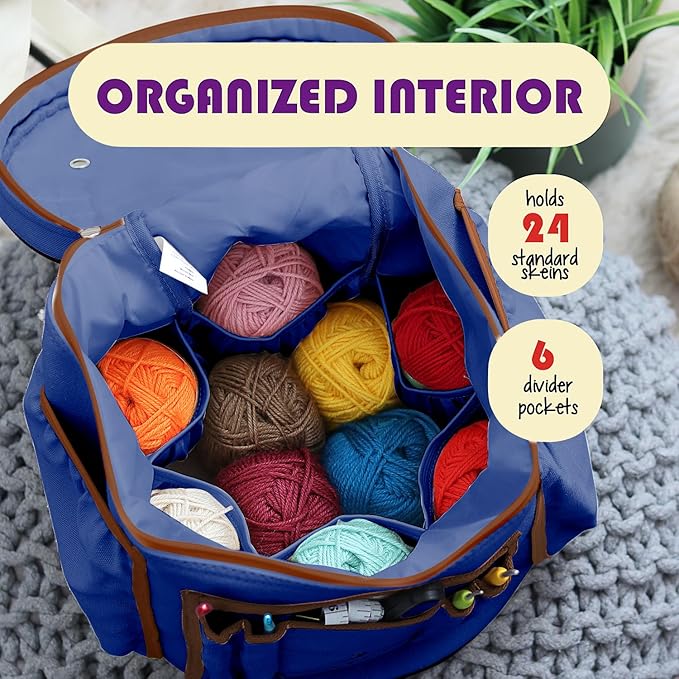 Hearth & Harbor Crochet Bag Organizer – Durable Knitting Bag, Yarn Organizer for Accessories and Supplies, Canvas Yarn Holder, Crochet Carrying Case with Accessories Pouch, Storage Organizer – Blue