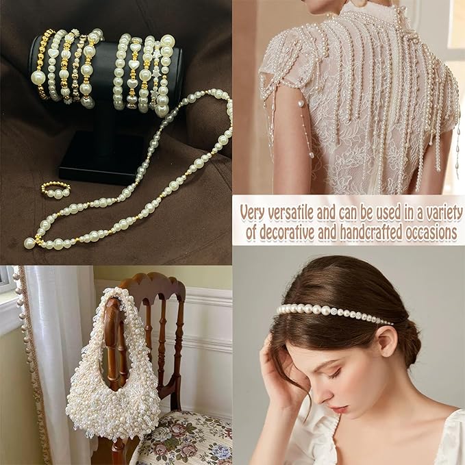 1338PCS Pearl Beads for Bracelets, 5 Size Round Pearl Beads Bulk for Jewelry Making Gold Spacer Star Heart Charms Friendship Bracelets Making Kit for Necklaces Earrings DIY Crafts