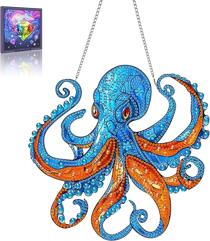 Wergund 5D DIY Octopus Diamond Art Hanging Kits, Hanging Diamond Art Animal, Acrylic Special Shaped Rhinestone, Window Hanging Pendants for Home Wall Garden Front Door Outdoor Decor Gift(Octopus)