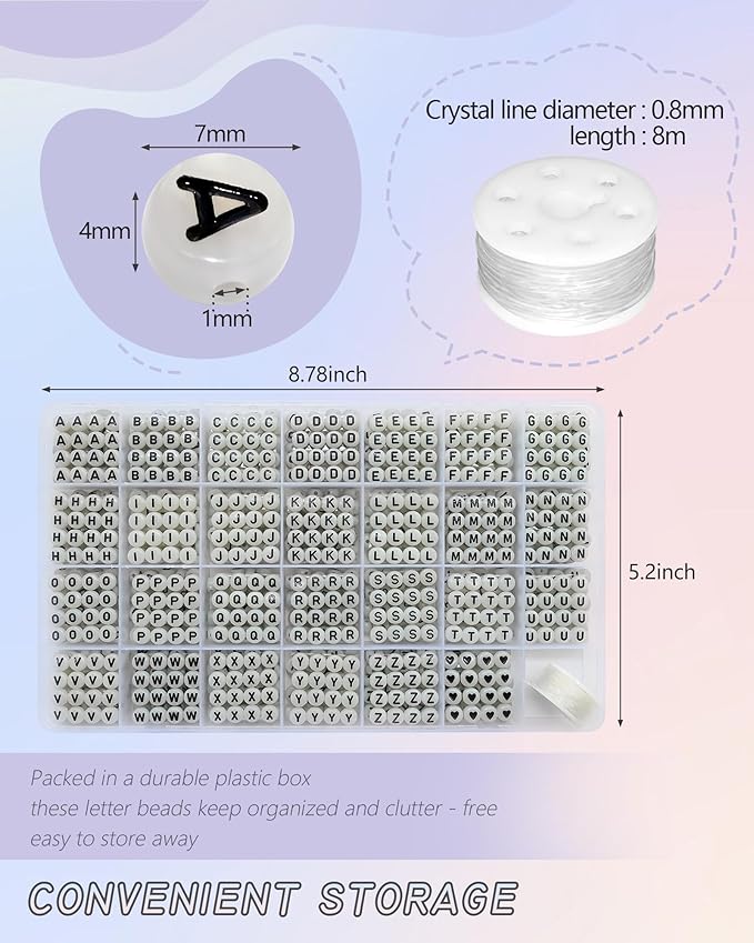Amaney 1400pcs Letter Beads,Heart Beads Glow in The Dark 4x7mm A-Z Round Acrylic White Alphabet with Elastic Beading Cord for Jewelry Bracelet Making