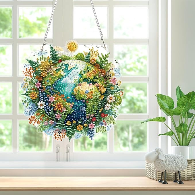 Bowetile Protect the Earth Diamond Art Hanging Kits for Adults, Diamond Art Suncatchers Earth, 5D Special Shape Diamond Painting Pendant Window Ornament Gifts for Home Wall Garden Decor