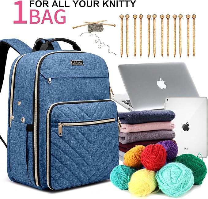Liokesa Knitting Bag Backpack, Crochet Bag Tote, Large Yarn Storage Tote Bag with USB Charging Port, Yarn Holder Case for Carrying Projects, Knitting Needles, Yarn Supplies, Blue