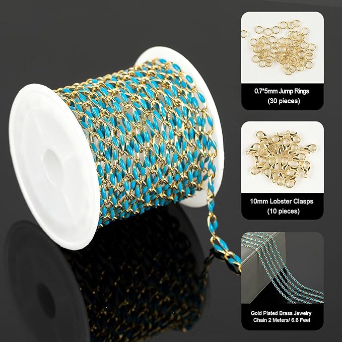 YOUBEIYEE 2 Meters Lake Blue Enamel Cable Chains Bulk Gold Plated Chain for Jewelry Making Brass Chain Necklace DIY Jewelry Supplies