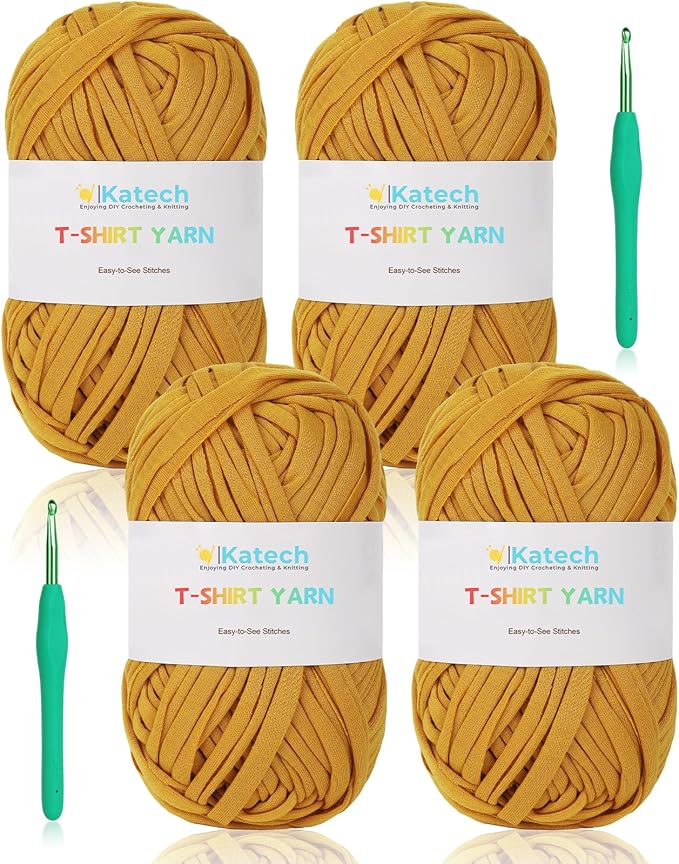 Katech 130 Yards T-Shirt Crochet Fabric for DIY Projects, 400g Spaghetti Yarn, Easy for Beginners (Turmeric)