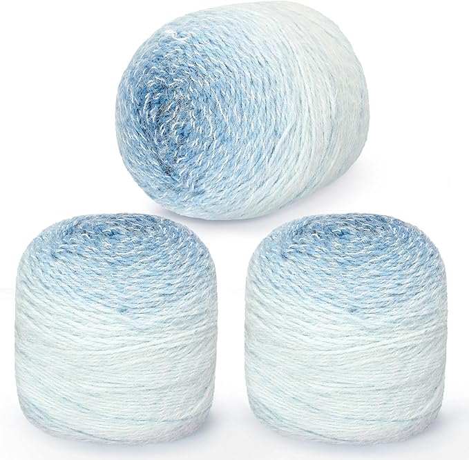 3 Pack Ombre Yarn for Crocheting, 80g/2.65oz Fluffy Soft Acrylic Gradient Yarn Cakes, #4mm Hook, Large Cloud Feel Yarn for Beginner Knitting, Star Blanket, Scarf, Shawl Garment DIY Crafts (Blue)