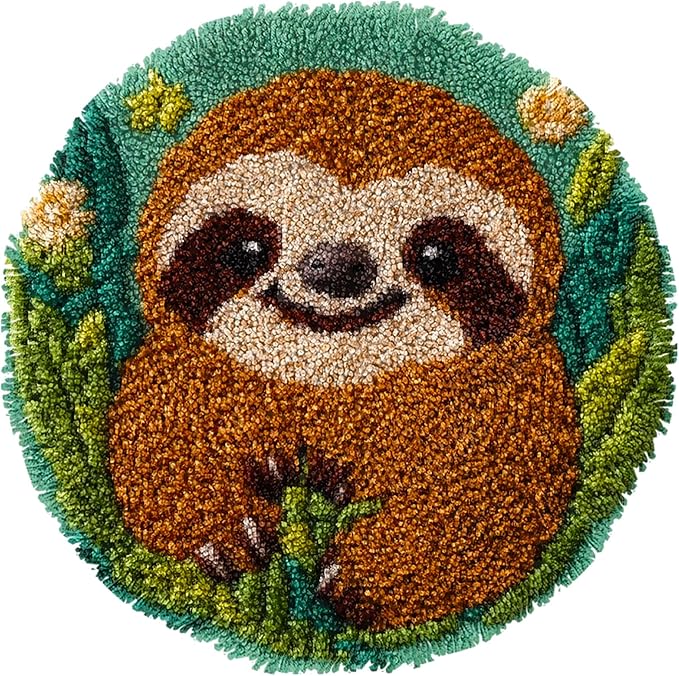 Latch Hook Rug Kit Cute Sloth with Green Color Easy for Beginners Round Shape Carpet Crochet Yarn Craft Mini Rug DIY Hook and Latch Little Tapestry for Home Decor 30x30cm-6