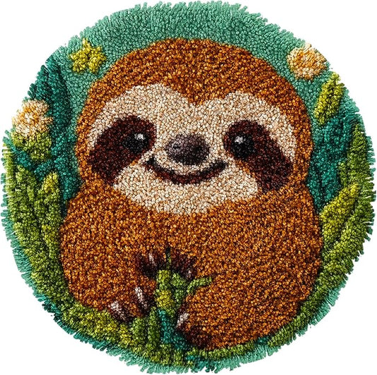 Latch Hook Rug Kit Cute Sloth with Green Color Easy for Beginners Round Shape Carpet Crochet Yarn Craft Mini Rug DIY Hook and Latch Little Tapestry for Home Decor 30x30cm-6