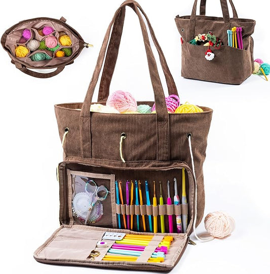Large Yarn Tote Organizer – Corduroy Knitting Storage Holder for Yarn, Hooks & Accessories, Portable Craft Carryall for Crocheting Lovers, Mother’s Day Gift