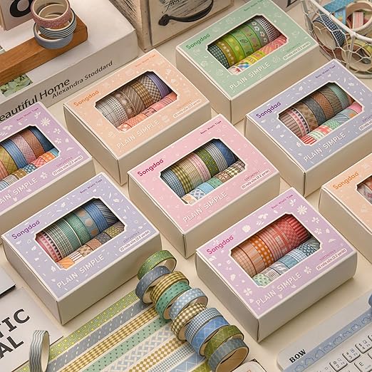 20 Rolls Basic Washi Tape Set Japanese Arts Adhesive Tapes Simple Patterns Decorative Masking Tape Sets for Craft, Kids, Scrapbook, DIY, Gift Wrapping (Style Two)