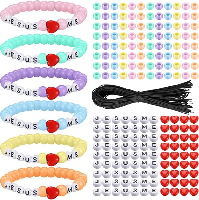 Ferreve 35 Sets Easter Pastel Religious Bead Wristband Craft Kit Jesus Love Me Faith DIY Bead Craft Kit Love Letter Charms for VBS Week Sunday School Christian Bible Verse Gifts Making