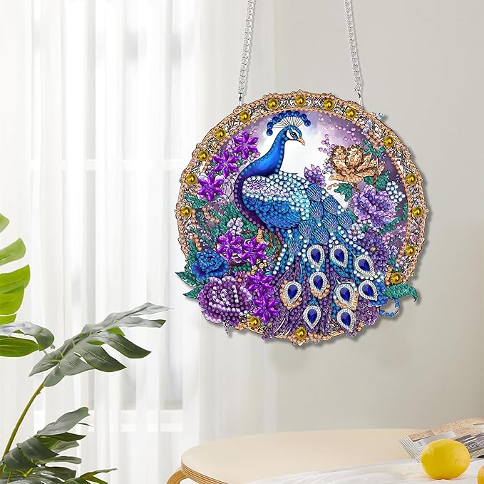 Reofrey Hanging Diamond Art Kits for Adults - 8x8 Inch Peacock Animal Acrylic Board Double Sided Pattern Diamond Painting Suncatcher Pendant, Crystal Art for Home Wall Window Decoration Handmade Gift