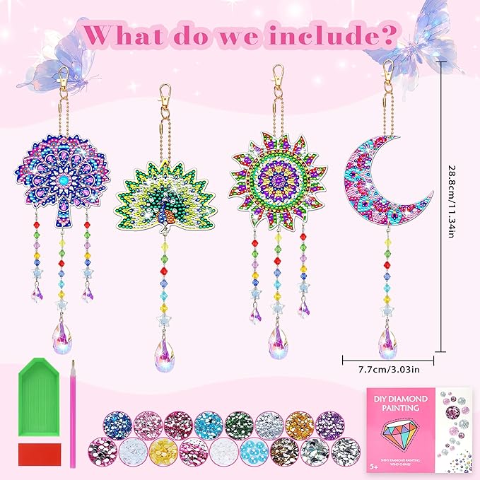 HYXBXSS 4pcs Diamond Art Kits, Birthday Gifts for Aged 14 and Above Year Old for Teen/Adults,Diamond Painting Wind Chimes Craft Kits, DIY Suncatcher Gem Art Kits Home Garden Decor