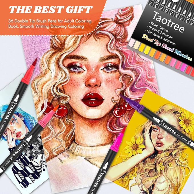 Taotree 120 Colors Dual Tip Art Markers Pens for Adult Coloring Book, Artist Fine & Brush Tip Coloring Markers Set Drawing Pens Craft Art Supplies for Journaling Note Taking Lettering Calligraphy