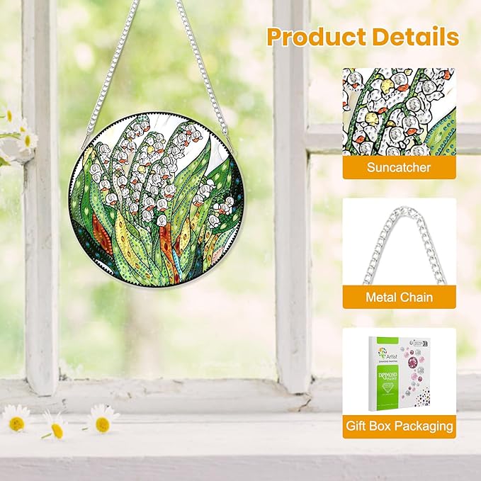 EOBROMD Diamond Hanging Art Kits for Adults, Lily of the Valley Suncatcher Diamond Art Painting, DIY Special Shaped Rhinestone Kits for Adults, Window Pendants Home Garden Wall Hanging Ornament