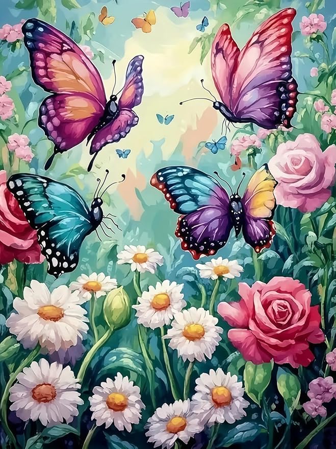 Diamond Art Kits for Adults Flower Butterfly, DIY 5D Diamond Painting Kit for Beginners Spring, Full Round Drill Gem Art Dots for Adults, Diamond Dots Paintings Crafts Home Wall Decor 12X16 Inch