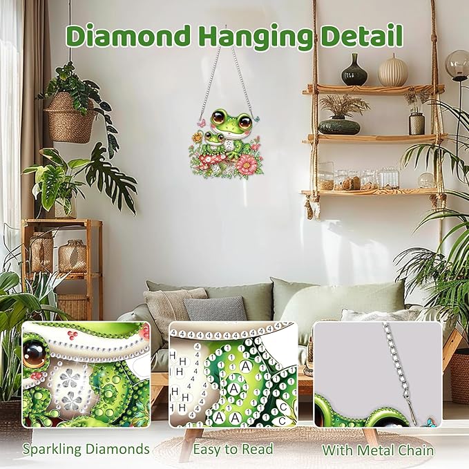 MEIYUDA Frog Diamond Art Hanging Kits for Adult, Mushroom Frog Diamond Painting Hanging Kits Ornaments, DIY Special Shaped Rhinestone Window Pendants Kit for Home Garden Wall Decor Gift