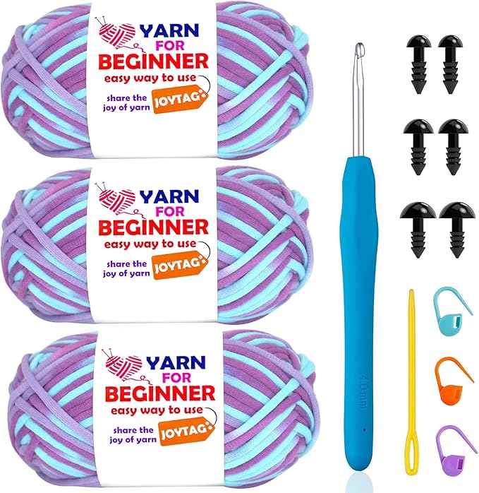 3 Pack Rainbow Beginner Crochet Yarn for Crocheting and Knitting Multicolor Cotton Crochet Yarn for Beginners with Easy-to-See Stitches Cotton-Nylon Blend Easy Yarn for Beginners(Purple Blue)