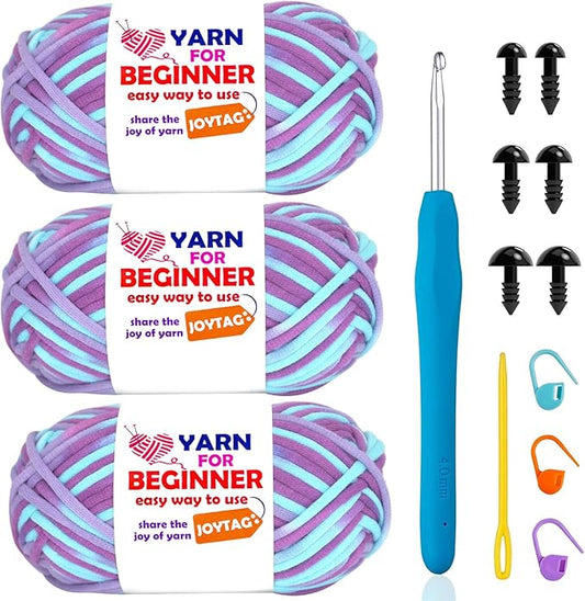 3 Pack Rainbow Beginner Crochet Yarn for Crocheting and Knitting Multicolor Cotton Crochet Yarn for Beginners with Easy-to-See Stitches Cotton-Nylon Blend Easy Yarn for Beginners(Purple Blue)