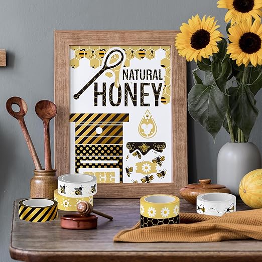 Whaline 12 Rolls Bee Washi Tape Foil Gold Honey Bee Washi Masking Tape 0.6 Inch Wide Bumblebee Honeycomb Daisy Print Decorative Adhesive Masking Tapes for Scrapbook Gift Wrapping DIY Art Crafts