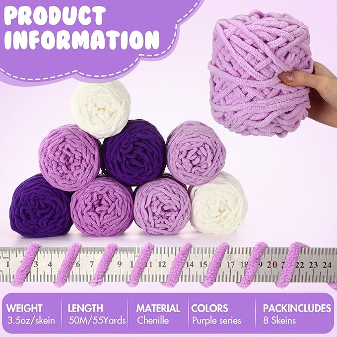 Buryeah 8 Pack Chunky Chenille Yarn for Crocheting Soft Thick Fluffy Yarn for Hand Knitting Bulky Velvet Blanket Plush for Weaving DIY Crafts Each 3.5 oz 55 Yards (Purple Series)