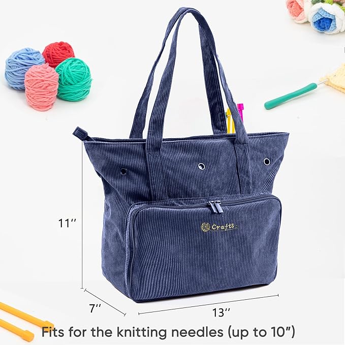 Large Yarn Tote Organizer – Corduroy Knitting Storage Holder for Yarn, Hooks & Accessories, Portable Craft Carryall for Crocheting Lovers, Mother’s Day Gift