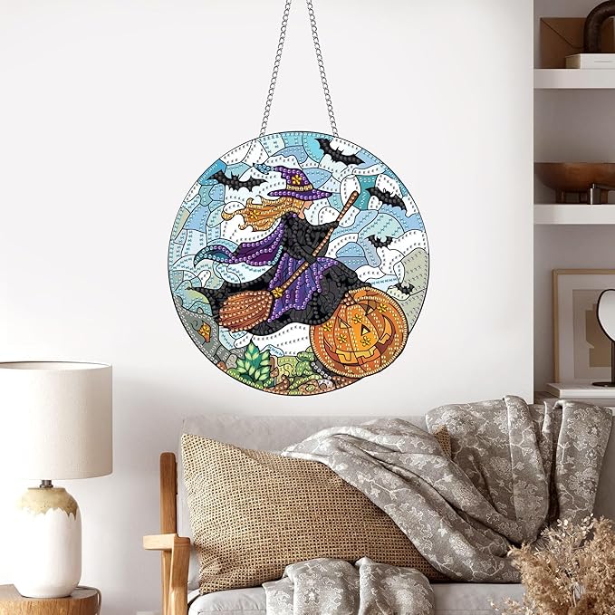 Pavemlo Hanging Diamond Art Kits for Adults Halloween Witch – 8x8 Inch Double-Sided Acrylic Board DIY Crystal Diamond Suncatcher Pendant, Sparkling Home Wall or Window Decoration Handmade Gift