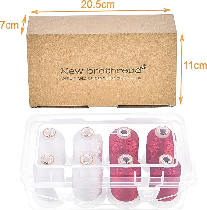 New brothread Polyester Embroidery Machine Thread 1000m Each with Clear Plastic Storage Box for Embroidery & Quilting - 4xWhite+4xRed