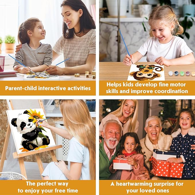 4 Pack Paint by Number for Kids with Wooden Frame, Cartoon Paint by Numbers for Kids Ages 8-12, Elephant, Monkey, Tiger, Panda, DIY Acrylic Oil Painting for Beginners for Home Wall Decor 8X8 inch