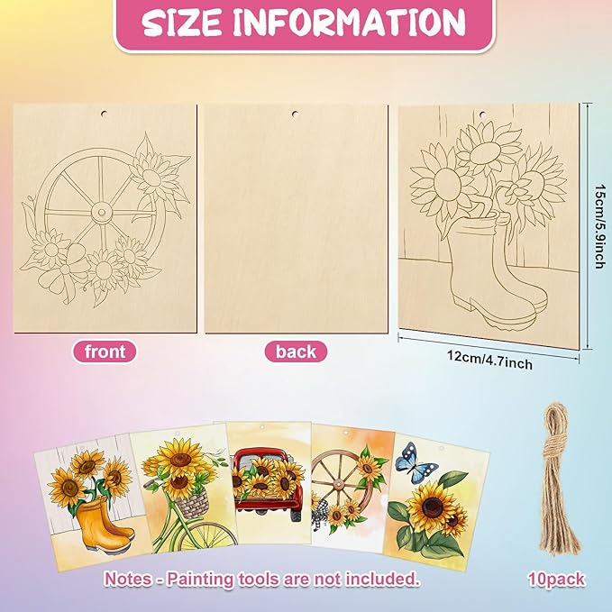 COCHIE 10 Pieces Large Sunflowers Unfinished Wood Crafts to Paint for Adults, Bulk Predrilled Wooden Ornaments for Painting, Summer Sunflower Paintable Wood Slices Craft Supplies with Ropes