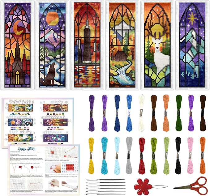 ACRNIGHEET 6PCS Cross Stitch Kits Stamped Cross Stitch Bookmark Kit for Beginner Adults Window View DIY Embroidery Bookmark Kit Needlepoint Kits with Instructions Book Lovers Craft Gift 8.5''x3'' 11CT