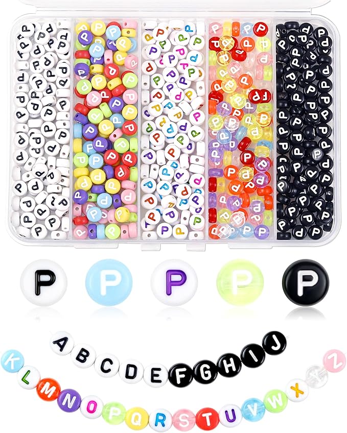 500PCS FIVEIZERO Letter P Beads, 4x7mm Colored Round Letter Beads, Acrylic Assorted Alphabet Beads for Friendship Bracelet Making and DIY Crafts
