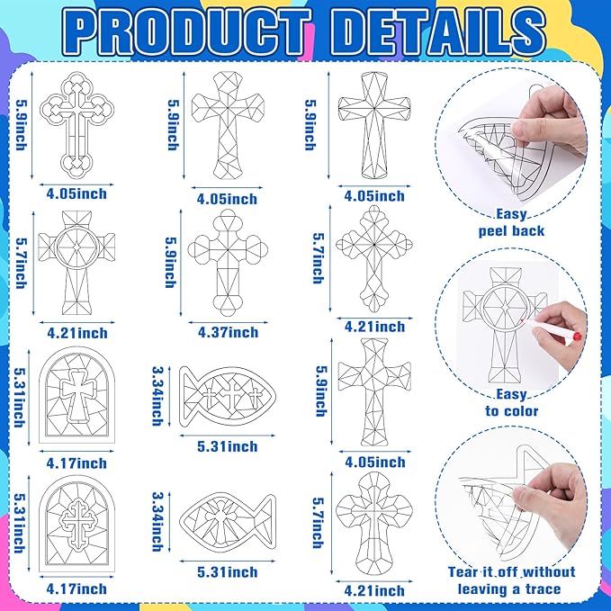Frienda 36 Pcs Easter Cross Window Suncatchers Crafts Kit Christian DIY Window Clings Stickers Religious Arts Crafts with 10 Markers for Home Activities Decor