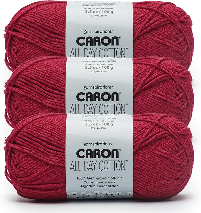 Caron All Day Cotton - 3 Pack of 173 Yards/3.52 oz Red Lip 100% Mercerized Cotton Yarn