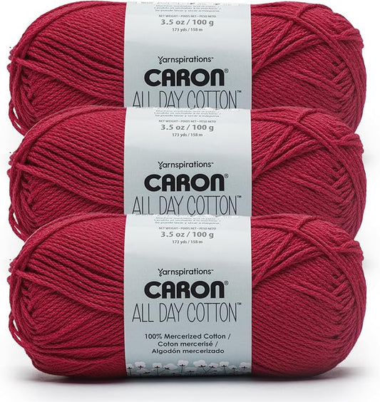 Caron All Day Cotton - 3 Pack of 173 Yards/3.52 oz Red Lip 100% Mercerized Cotton Yarn