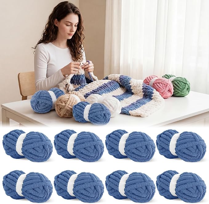 BALAPET 8 Pack Chunky Chenille Yarn for Crocheting & Knitting, 27yds 8 oz Each Skein Soft Fluffy Kitting Yarn Set, Thick Velvet Plush Yarn for Handcrafts Weaving Making Blankets, Village Blue