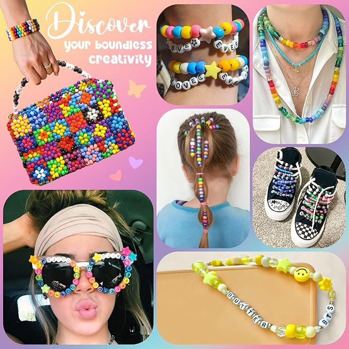 Gionlion 4200Pcs Pony Beads for Bracelet Making Kit, 48 Colors Kandi Beads Bracelet Kit, 2500PCS Rainbow Candy, 1700PCS Friendship Letter Bead with 20 Meter Elastic Strings for Jewelry Making